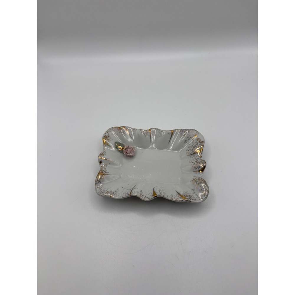 Vintage Japan Porcelain Trinket Dish Gold Splatter Pink Rose Scalloped Edge